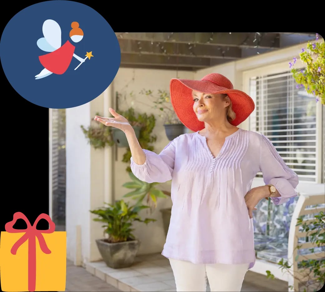 Photo of Paula Duncan smiling with fairy icon overlay