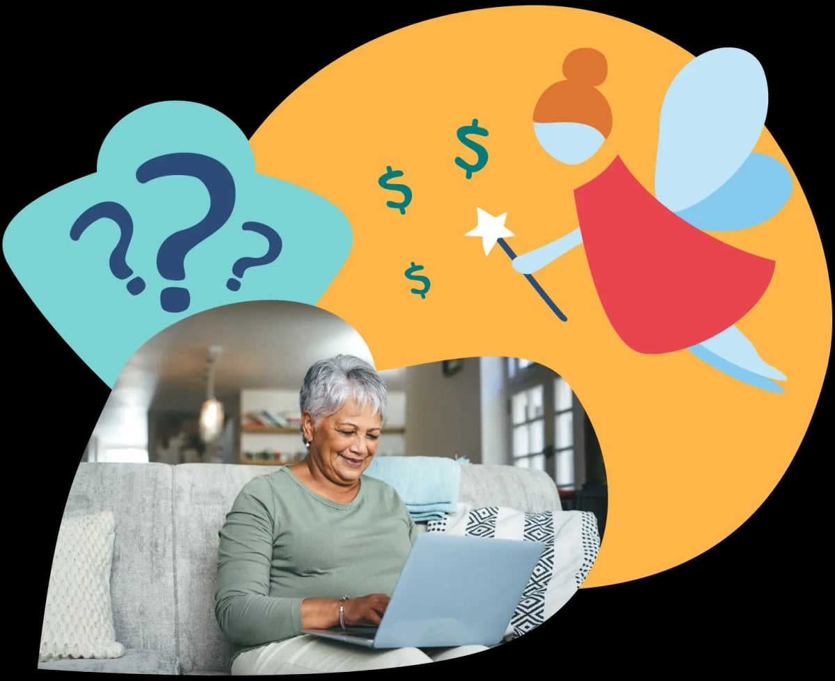 Elderly woman using laptop with fairy icon overlay