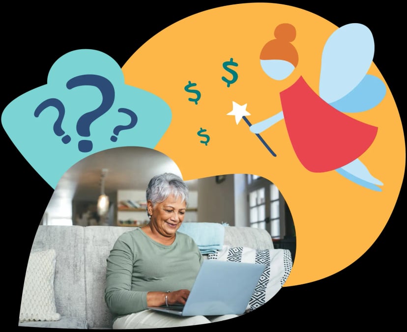 Elderly woman using laptop with fairy icon overlay