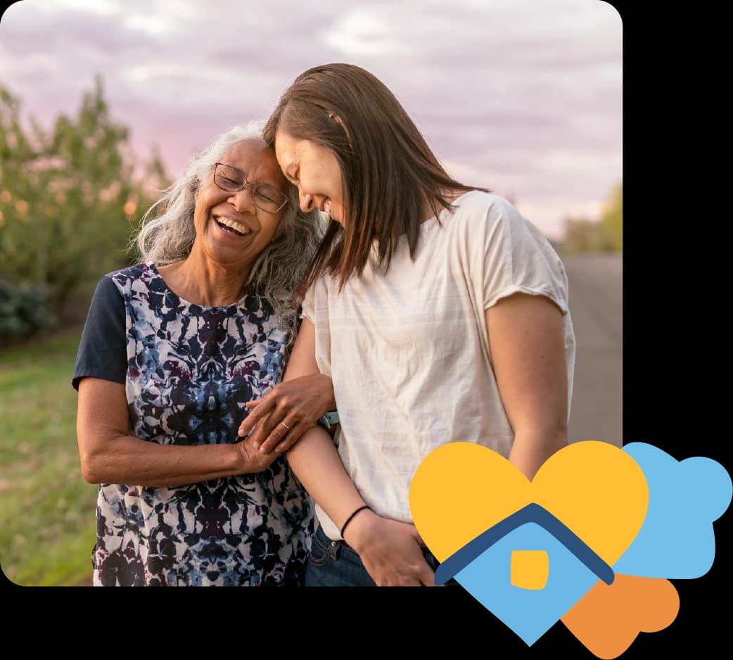 Mum and daughter hugging and smiling in a park, with a heart icon and a house icon on the side, warm and happy atmosphere