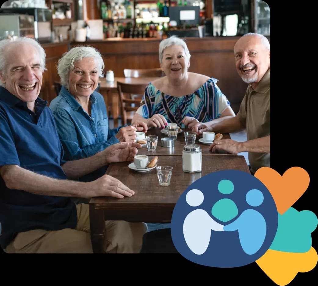 Two elderly couples smiling and enjoying coffee at a coffee shop, with a heart and hugging people icon on the side