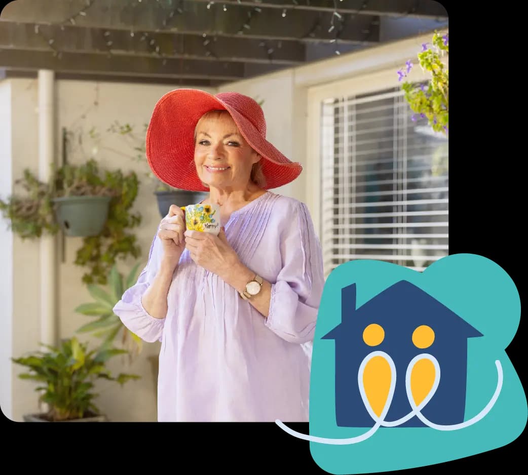 Paula Duncan smiling in the backyard while enjoying coffee, with a house icon showing people inside representing togetherness