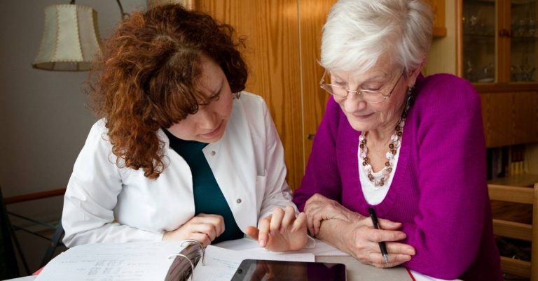 senior woman viewing home care levels